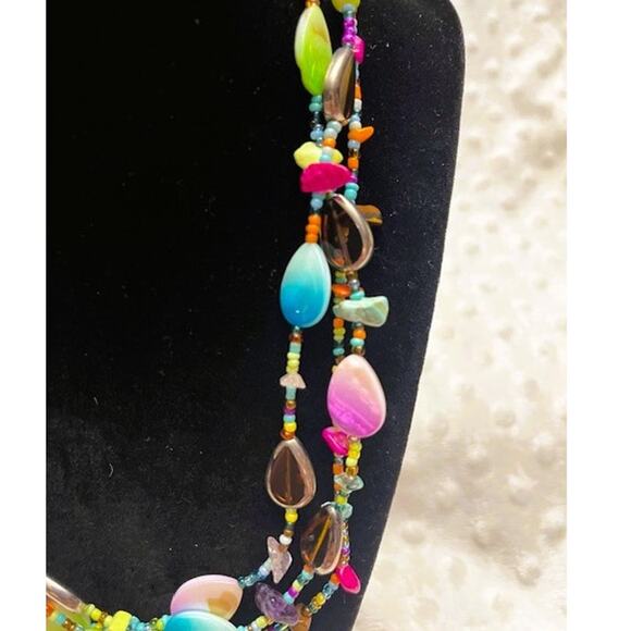Vintage Multi-Strand, Multi-Color, Glass & Stone Beaded Choker Style Necklace - Picture 2 of 5